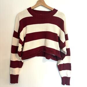 Striped Chunky Knit Sweater Size S Burgundy Cream Cropped Oversized Grandpa